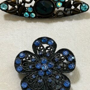 Vintage-Inspired Black and Blue Crystal Brooch Set